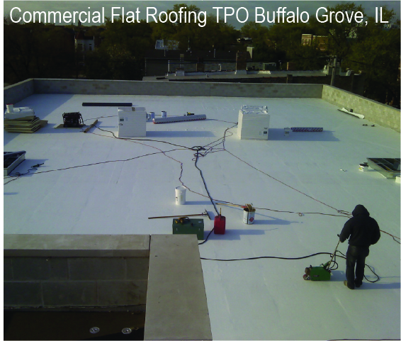 TPO Commercial Flat Roof in progress in Buffalo Grove IL 60089