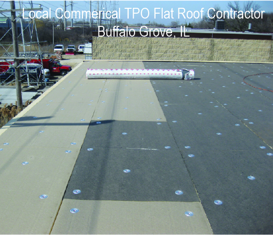 commercial tpo flat roof in progress for commercial building in Buffalo Grove 60089